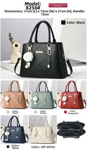 Detailed views of quilted leather handbag showing 31cm size and six color options