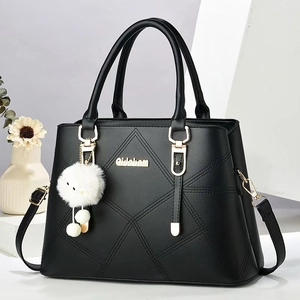 Women Large Capacity PU Leather Handbag Quilted Rhombus Top Handle Bag With Fur Ball Pendant Commuter Shoulder Bag