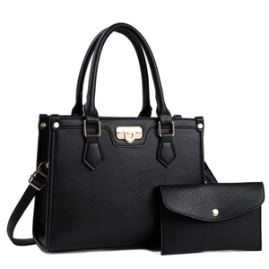 Elegant black lychee grain leather handbag set with gold hardware and tote bag