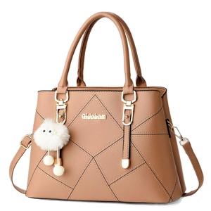 Brown leather handbag with diamond quilted pattern and plush charm for women