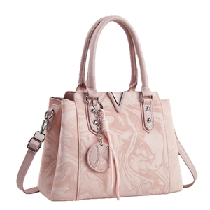 Pink marble pattern handbag with silver V logo metal accent and top handle for women