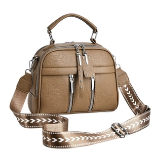Brown lychee leather Boston handbag with wide geometric strap and silver hardware