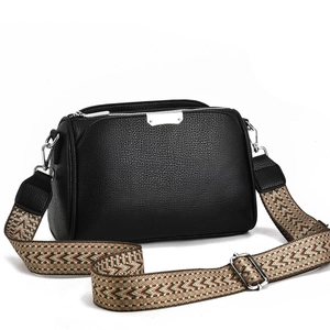 Women Crossbody Bag PU Leather Lychee Pattern Multiple Zipper Pockets Wide Jacquard Strap Fashion Shoulder Purse