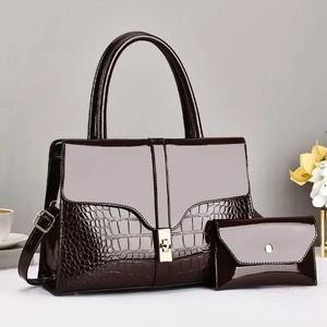 Deep burgundy glossy tote with crocodile pattern detail and matching pouch duo