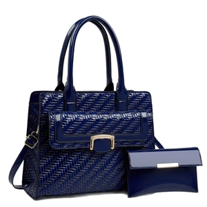 Set borse blu scuro con trama intrecciata, grande borsa a mano e pochette coordinata