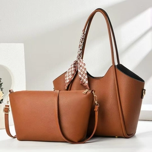 Brown lychee leather tote set with crossbody bag and checkered scarf decoration