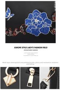 Macro shot of gold-plated anti-oxidation hardware and floral embroidery on black leather bag
