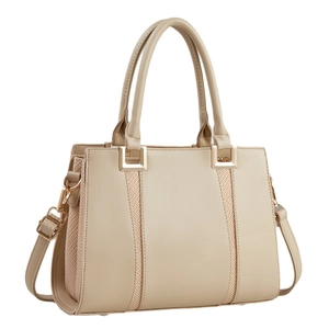 Elegant beige tote bag in leather and woven fabric with detachable strap for women