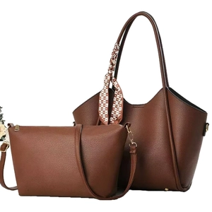 Brown leather tote and crossbody bag set with scarf detail for daily commute