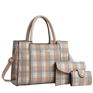 Three-piece checkered tote bag set with matching clutch and card holder in beige and blue