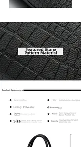 Detail of black stone-patterned leather bag showing dimensions 28x12x20cm and gold hardware