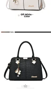 Detail of crocodile textured handbags in cream and black with metallic hardware lock