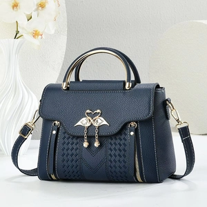 Dark blue leather handbag with golden flamingo buckle and metal round handles