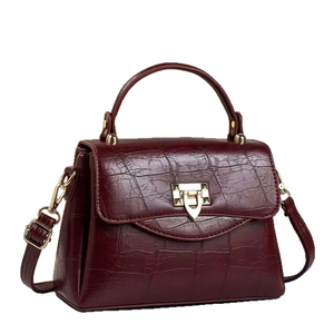 Retro burgundy faux crocodile crossbody bag for women with gold clasp and top handle