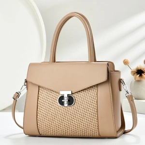 Minimalist beige straw patchwork handbag with silver T-lock for elegant commute