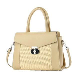 Beige faux leather and straw woven handbag with metallic twist lock and shoulder strap