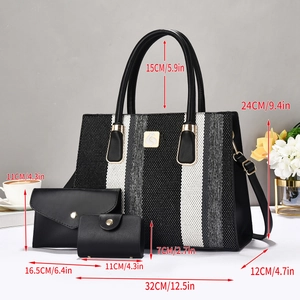 Detailed size chart of the black and white striped three-piece handbag set with dimensions