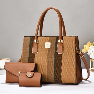 Women Fashion Striped Patchwork PU Leather 3 Piece Bag Set Casual Tote Handbag Shoulder Bag Clutch And Wallet Set