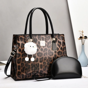 Women's Leopard Print Patent Leather Handbag Tote With Pouch And Faux Fur Charm Large Capacity Shoulder Crossbody Bag