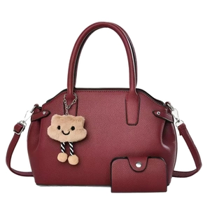 Dark red lychee pattern leather tote bag set with mini card holder and charm decor