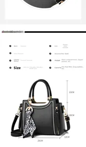 Detailed size guide for black PU leather handbag with gold hardware and leopard scarf