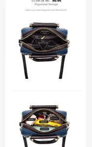Detail view of the multi-compartment interior and large capacity of this woven crossbody bag