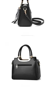 Detail of crossbody bag with white stitching, leopard scarf, and rear zipper pocket