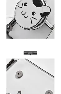 Detail of white leather bag featuring cat coin purse and metallic magnetic clasp