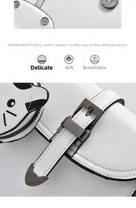 Macro shot of scratch-resistant PVC fabric and cat pattern with metallic buckle closure