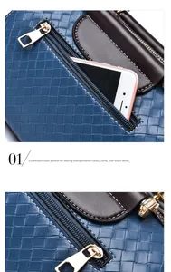 Detail of blue woven pillow bag showing back zipper pocket with small smartphone inside