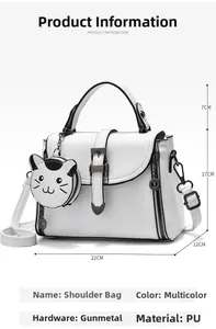 Detailed view of white PU crossbody bag dimensions 22x12x17cm with cute cat coin purse