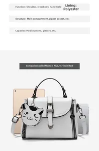 Internal layout and size guide for white cat crossbody bag with polyester lining