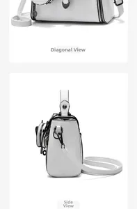 Detailed side view of a white kitty-themed handbag with black trim and mini coin purse