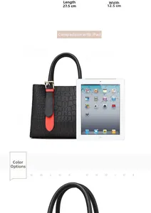 Confronto dimensioni borsa nera motivo coccodrillo accanto a un iPad con misure