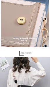Détails du fermoir magnétique et sac bandoulière avec sangle brodée sur modèle