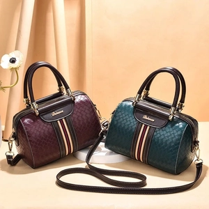 Women Woven PU Leather Boston Bag Contrast Stripes Crossbody Handbag Golden Hardware Classic Vintage Street Style