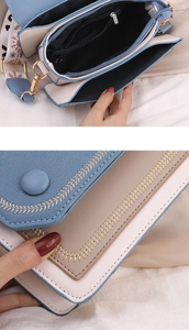 Vue détaillée du sac bandoulière avec broderie et compartiments internes multiples