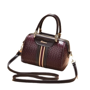 Classic woven pattern Boston bag with tricolor stripe and gold hardware in deep burgundy