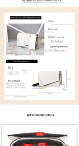 Detailed view of white PU leather crossbody bag dimensions 21x8x14cm and internal structure