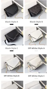 Detail view of black and off-white mini crossbody bags with chain straps in three styles