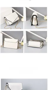 Detail view of white leather mini crossbody bag with gold chain strap and flap closure