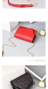 Detail of elegant flap chain bags with smooth leather and shimmering sequin finishes