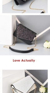 Detail of sequin chain crossbody bags in black and creamy white with gold hardware