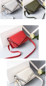 Detail of four colorful mini square bags with V-shaped flaps and gold metal logos