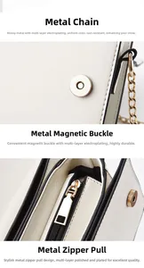 Detail of cream white PU handbag featuring golden plated chain and magnetic hardware closure