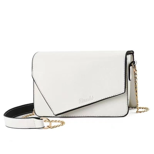 White mini chain flap bag with black contrast piping and golden metal strap