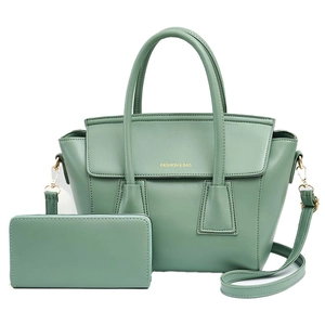 Modern sage green tote bag and matching long wallet set with gold fashion logo