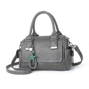 Large grey lychee pattern leather Boston bag with star charm and adjustable strap