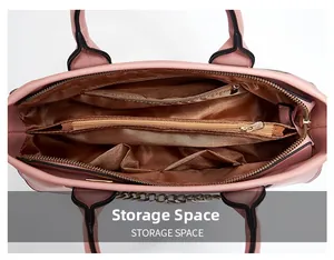 Internal layout of pink PU handbag showing three compartments and storage pockets