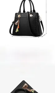Dimensions détaillées du sac à main en similicuir noir avec pendentif feuille et texture